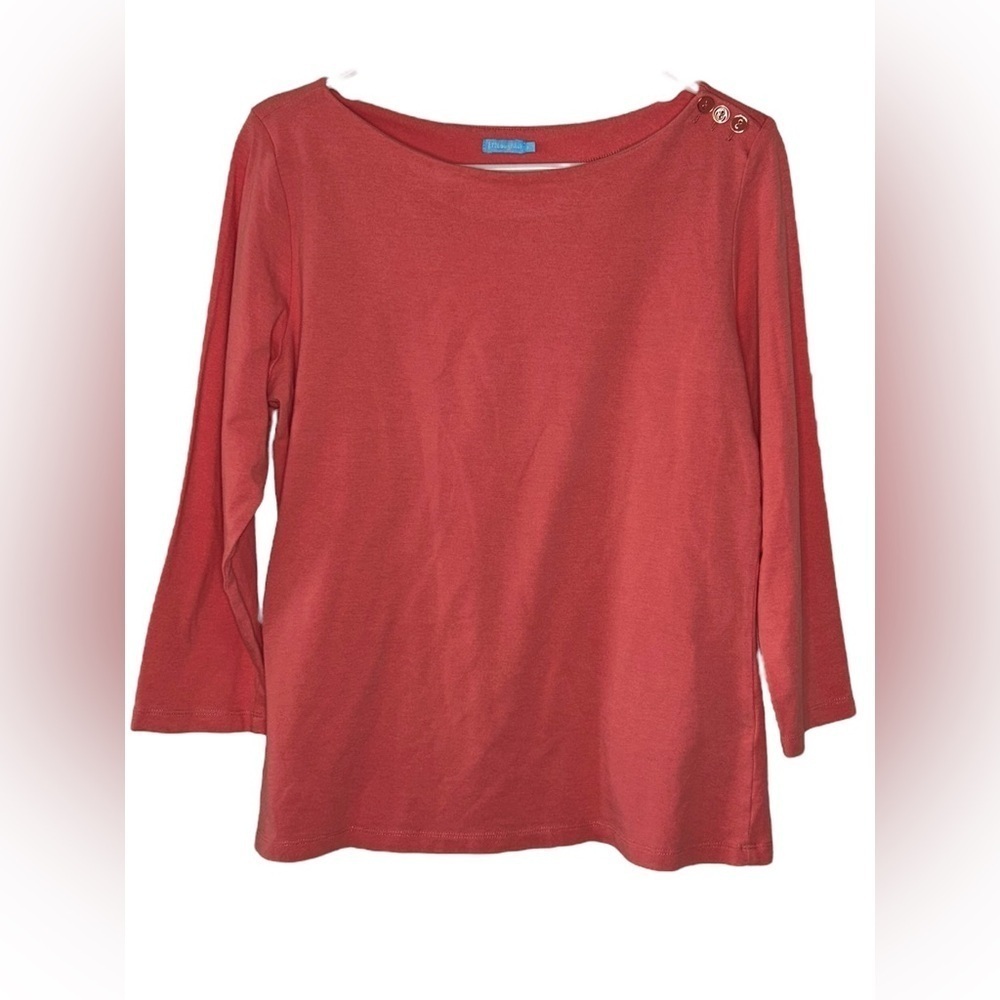 J. McLaughlin Wavesong 3/4 Sleeve Top Coral Boatneck Button Shoulder Size Large
